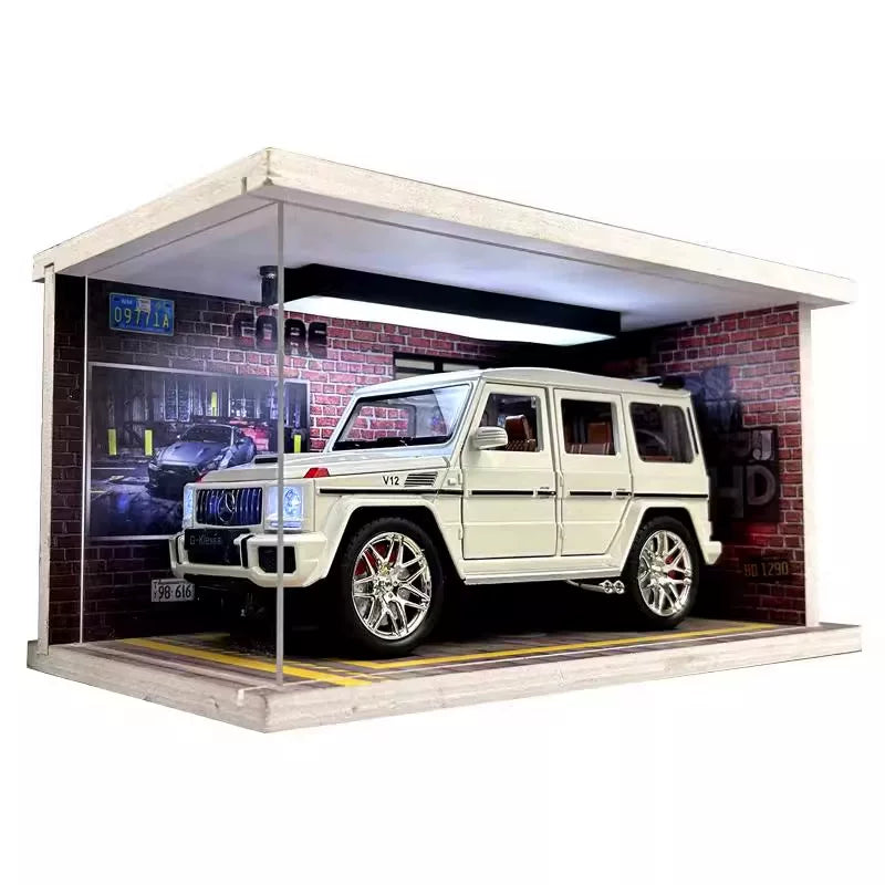 White 1:24 Mercedes-AMG G63 diecast model in LED luxury garage diorama