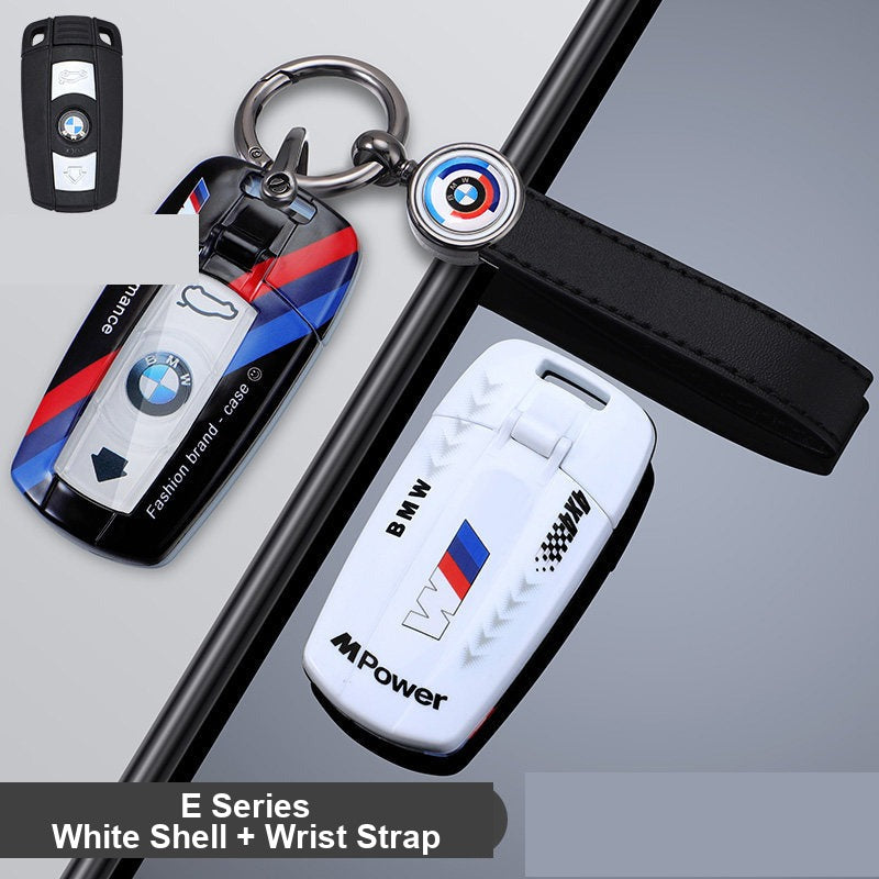BMW E-Series key fob case - white shell with wrist strap