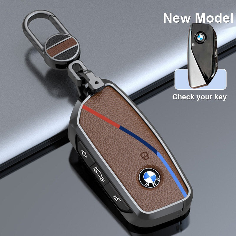 BMW genuine leather key fob case cover in Mocha Brown for New Model smart key with keychain - fits 3/5 Series, X1 X3 X5 X7, i5, 2 Series
