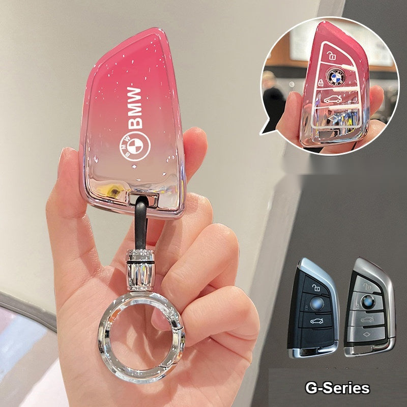 BMW clear glossy cherry blossom pink TPU key case with silver bullet round buckle keychain, Style B shell