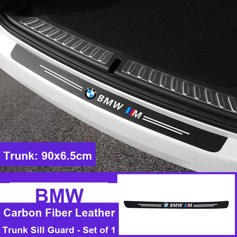 BMW carbon fiber leather trunk sill guard installed on rear bumper