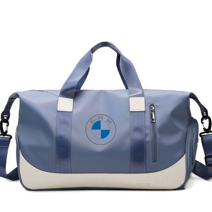 BMW sports travel bag, navy blue, side view showing strap