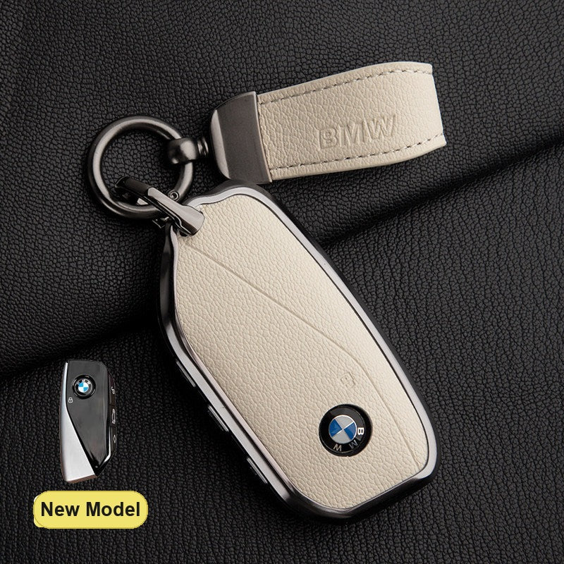 BMW New Model key fob case in Ivory White ALRAN French goat leather with BMW Pendant Keyring - fits X1 X3 X5 X7, 5/7 Series, 740Li, i7