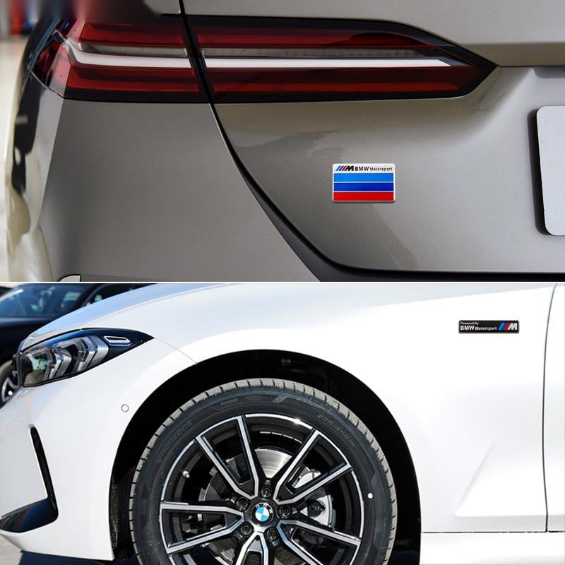 BMW M aluminum badge installed near tail light and on fender