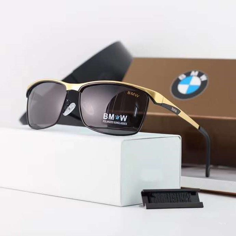 Black and gold frame BMW HD polarized square sunglasses on display box