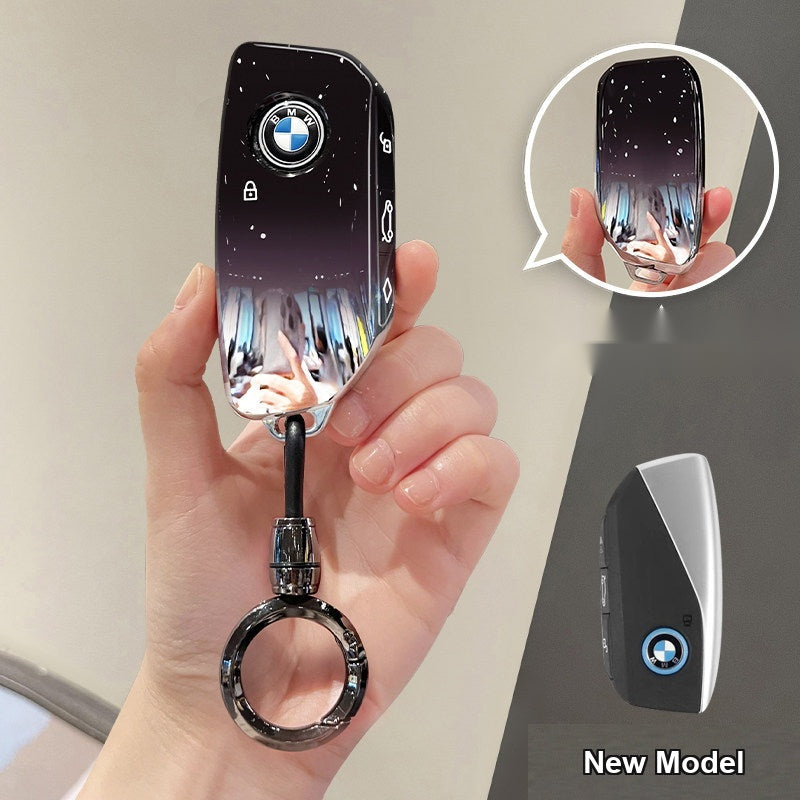 BMW key sleeve Starry Sky Black with gun-colored bullet round buckle keychain, Style F shell for older BMW folding key