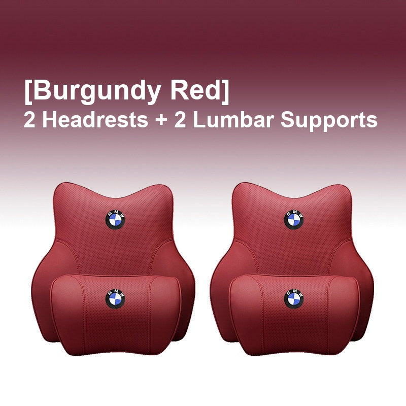 BMW Burgundy Red - 2 Headrests + 2 Lumbar Supports - Memory Foam Cushion