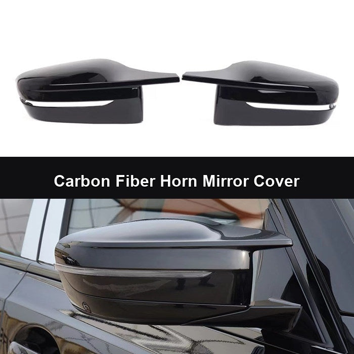 BMW carbon fiber horn mirror cover installed on vehicle