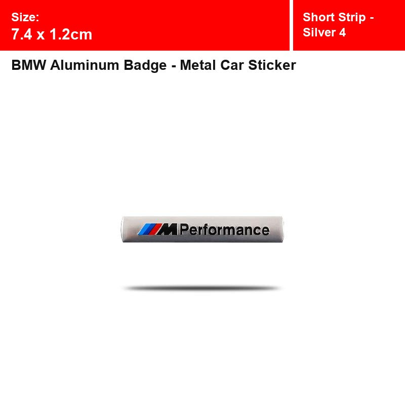 BMW aluminum badge, Short Strip - Silver 4 design, size 7.4 x 1.2cm