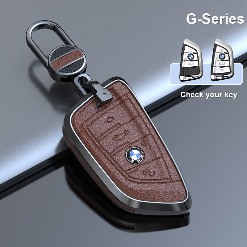 BMW genuine leather key fob case cover in Mocha Brown for G-Series smart key with keychain - fits 3/5 Series, X1 X3 X5 X7, i5, 2 Series