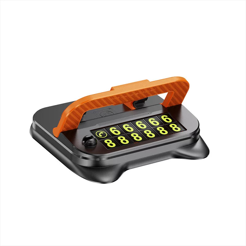 Orange dashboard phone stand with parking number plate