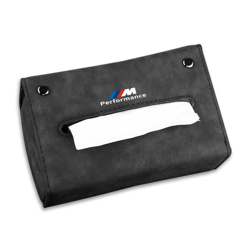 BMW M Performance suede tissue box holder front view with tissue dispensing