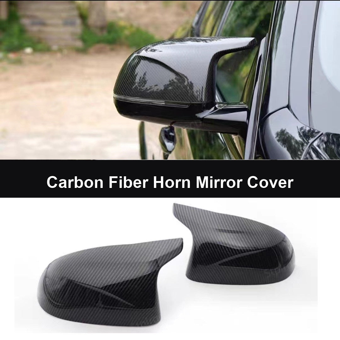 BMW carbon fiber horn mirror cover installed on vehicle