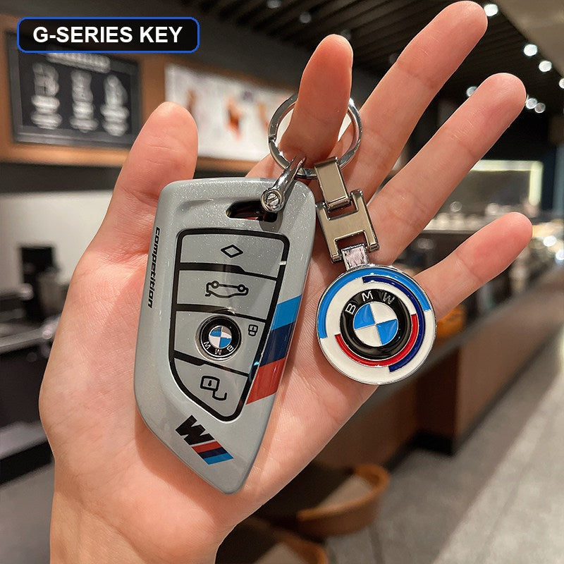 BMW key shell case gray with blue BMW roundel keychain