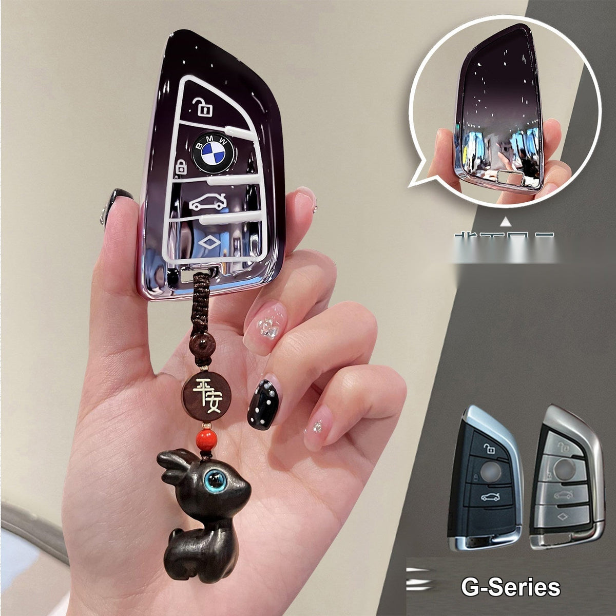 BMW key sleeve Starry Black with ebony wood bead peace charm keychain, Style B shell