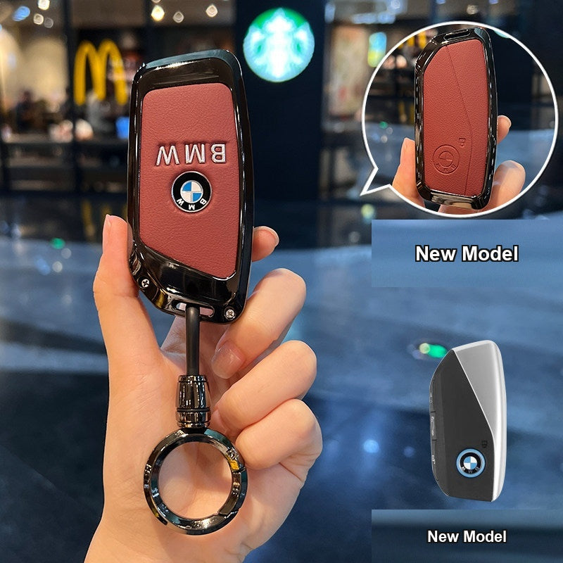 BMW key case New Model - Volcanic Red Leather (Metal Badge) + Bullet Color Round Buckle