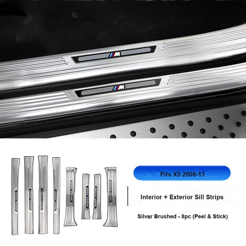 BMW 2008-2013 X5 Door Sill Strip - 8-Piece (Interior + Exterior) - Silver Stainless Steel Scuff Plate Guard
