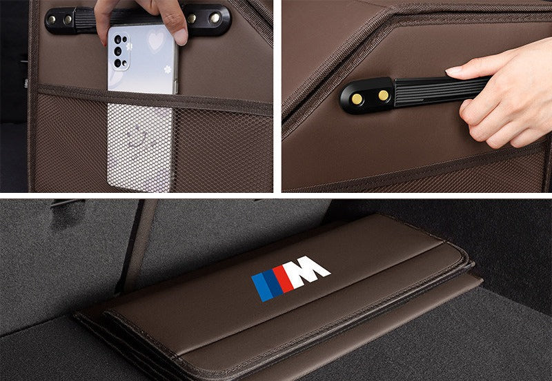 BMW trunk storage box side mesh phone pocket, carry handle, and folded flat for compact storage
