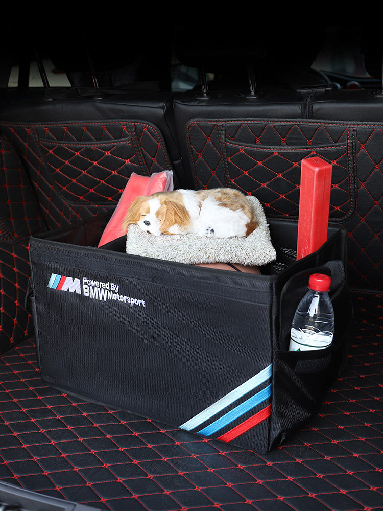 BMW Trunk Storage Box in Use with Pet Bed and Water Bottle