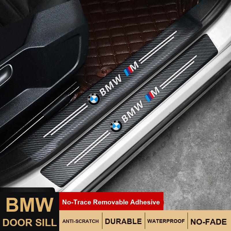 BMW carbon fiber leather door sill guard with BMW roundel logo installed