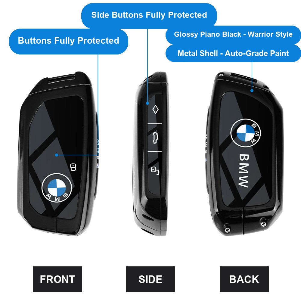 BMW key fob case front, side, and back view - fully protected buttons, metal shell, automotive-grade paint