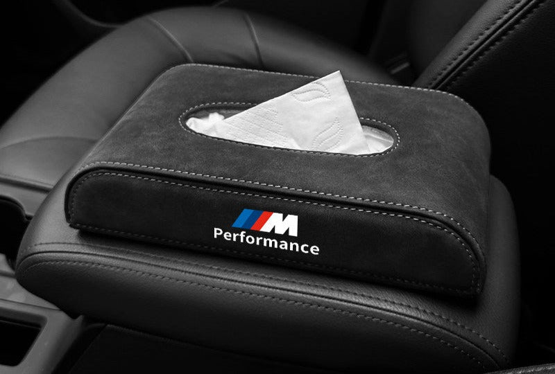 BMW suede tissue box holder with M Performance logo on car back seat