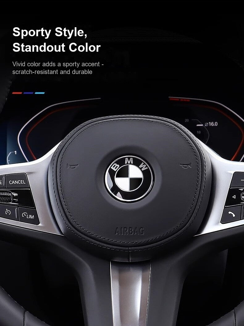 BMW steering wheel badge sporty color option installed on wheel