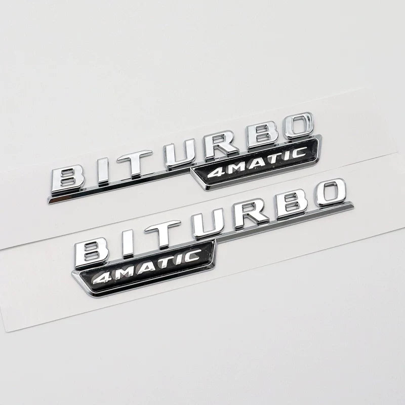 Mercedes-AMG BITURBO 4MATIC fender side badges pair in chrome silver