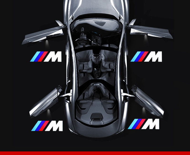 BMW M logo door welcome light projector close-up