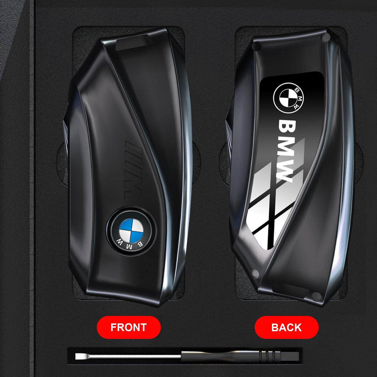 BMW alloy key case gunmetal black shell only front and back view with cleaning cloth and screwdriver
