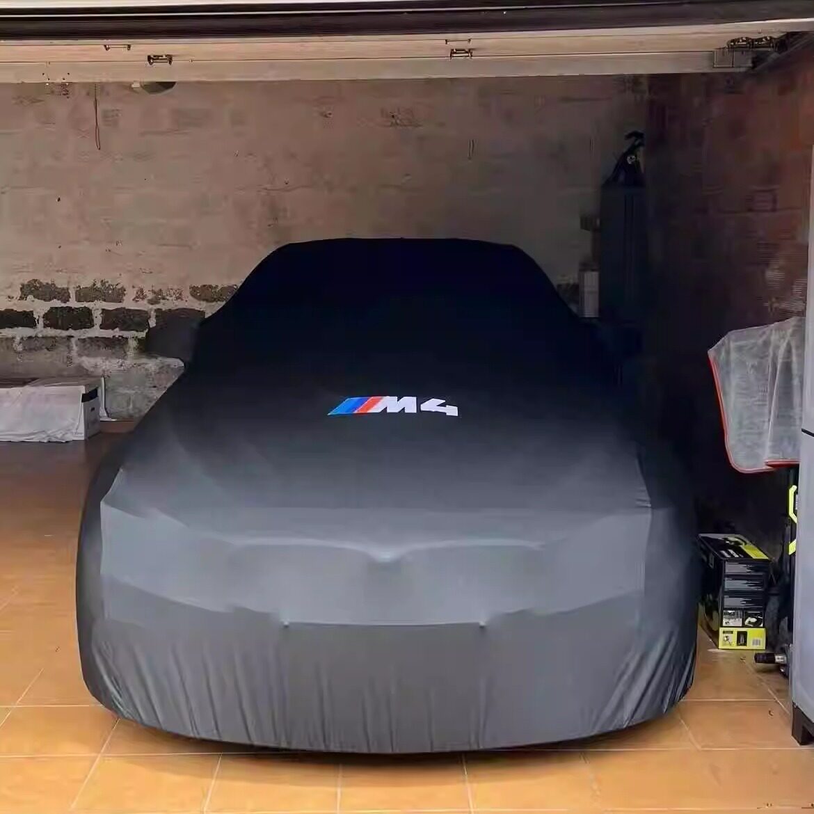 BMW M4 logo car cover in grey, indoor stretch fit