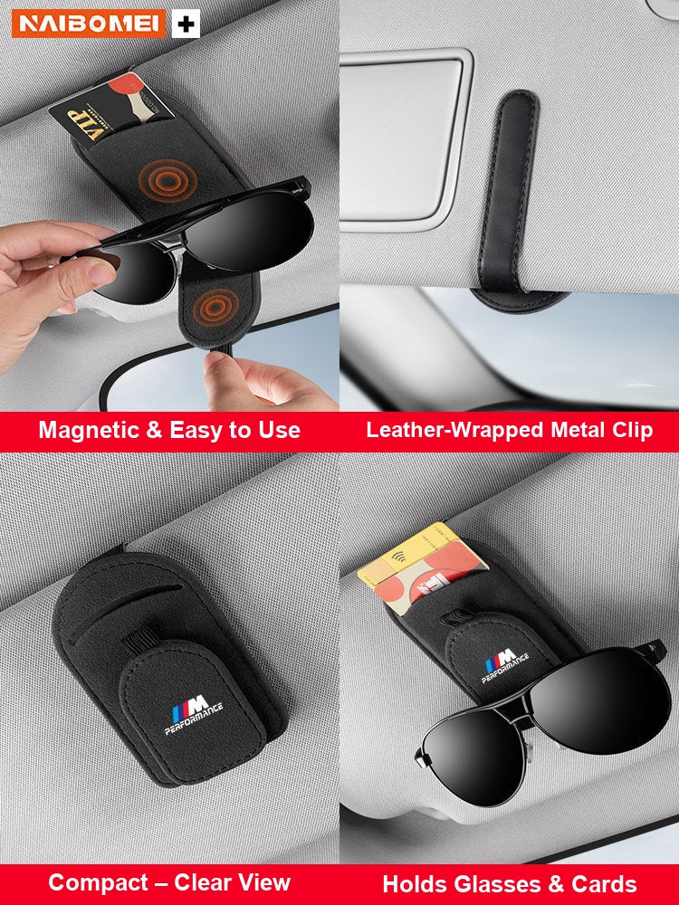 BMW visor sunglasses holder magnetic leather clip features collage