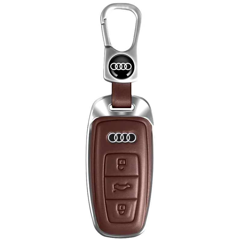 Audi Executive Cowhide Key Case – Polished Metal Bezel with Double-Sided Leather