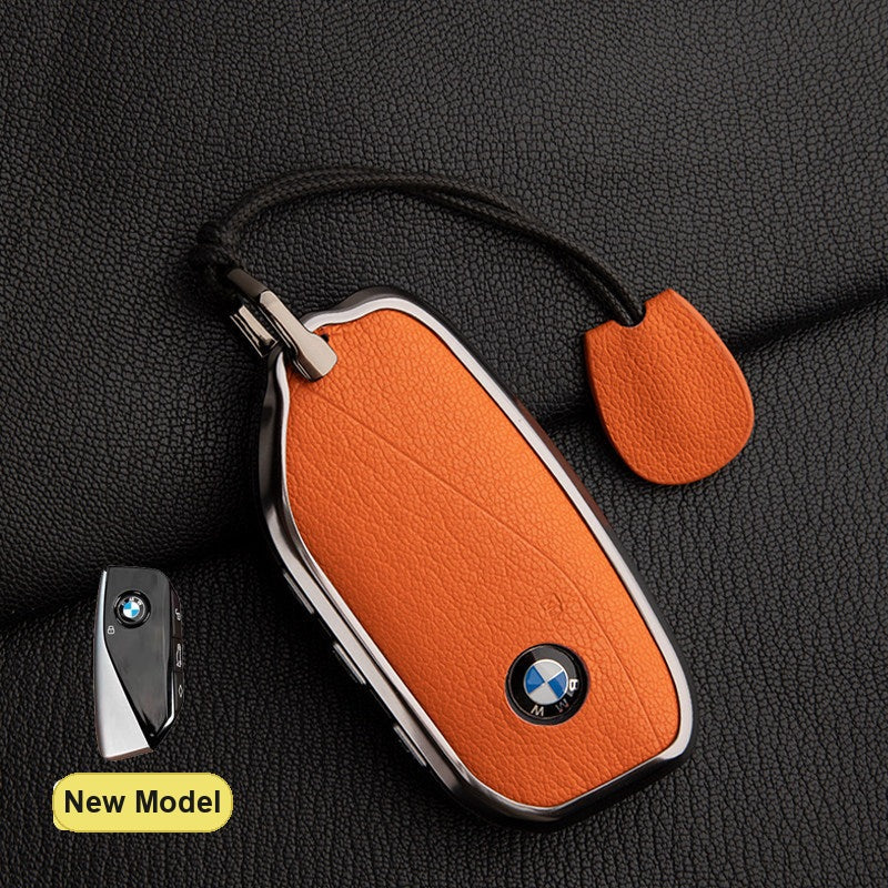 BMW New Model key fob case in Emma Orange ALRAN French goat leather with Simple Rope Strap - fits X1 X3 X5 X7, 5/7 Series, 740Li, i7