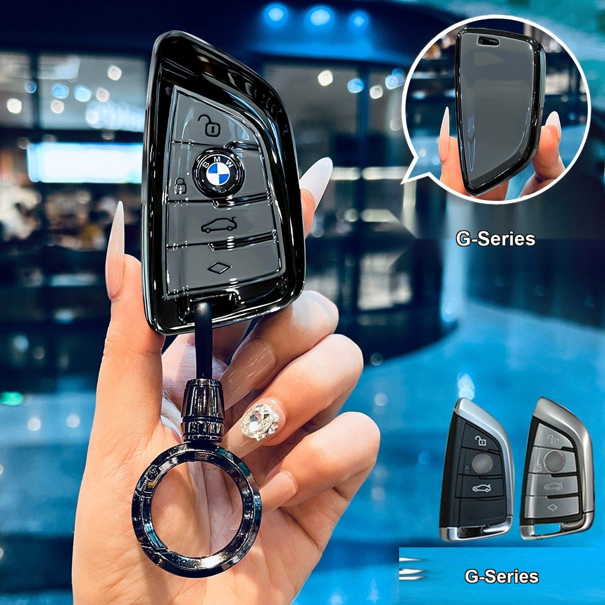 BMW key sleeve Style B G-Series, glossy black/gray with bullet round buckle keychain