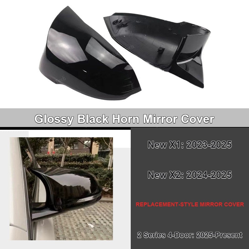 BMW glossy black replacement-style mirror cover with fitment chart - New X1, New X2, 2 Series 4-Door