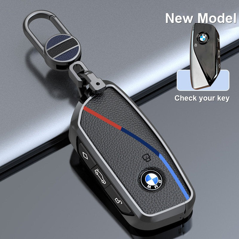 BMW genuine leather key fob case cover in Premium Black for New Model smart key with keychain - fits 3/5 Series, X1 X3 X5 X7, i5, 2 Series