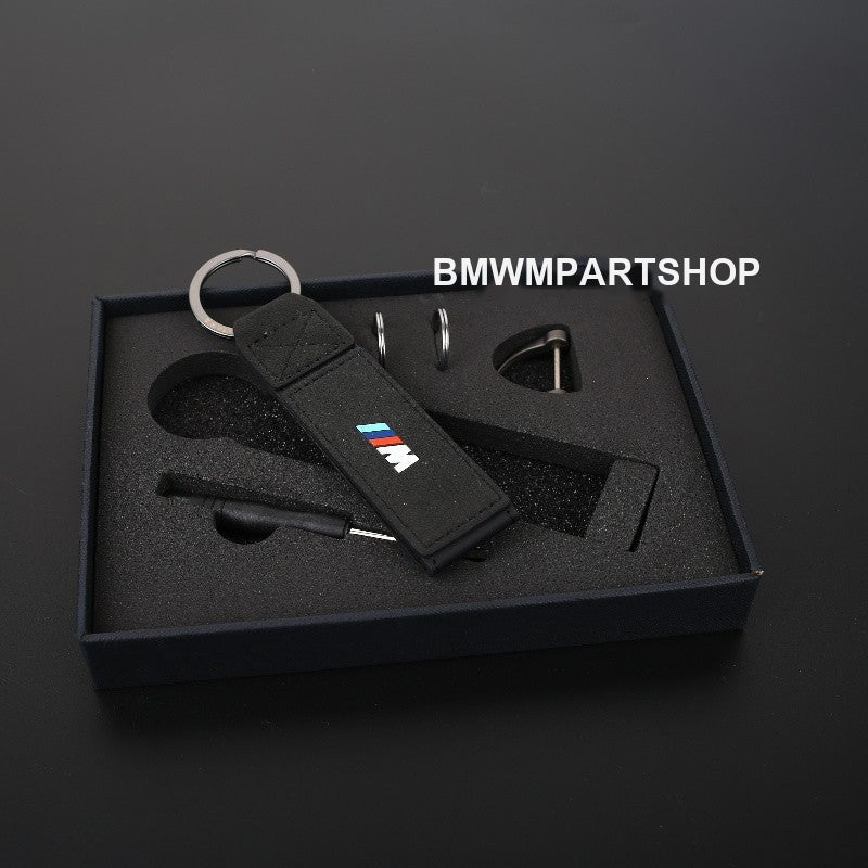 Black suede BMW M logo keychain with gunmetal key ring in gift box