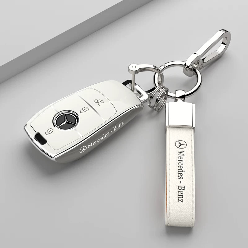 Mercedes-Benz Riviera Two-Tone Key Case – Ivory White – Silver Trim with Mercedes-Benz Script Strap