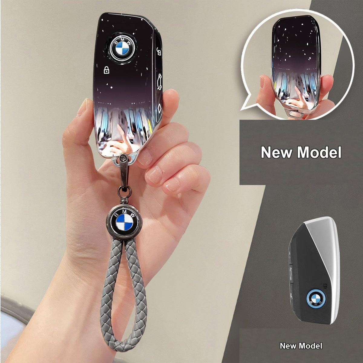 BMW key case New Model - Starry Black + Car Logo Braided Cord