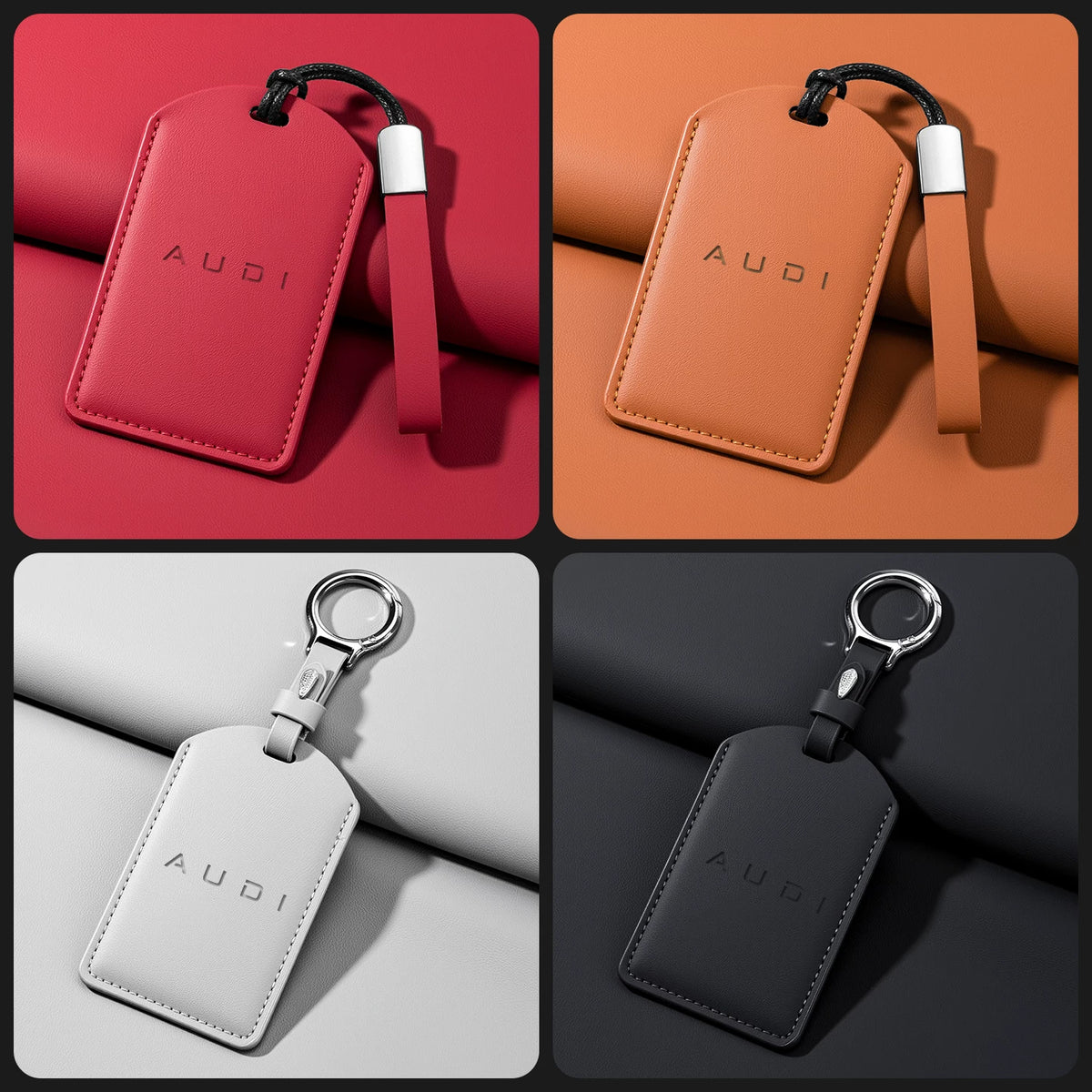Audi Signature Nappa Leather Card Key Case – Embossed Emblem with Strap or Key Ring