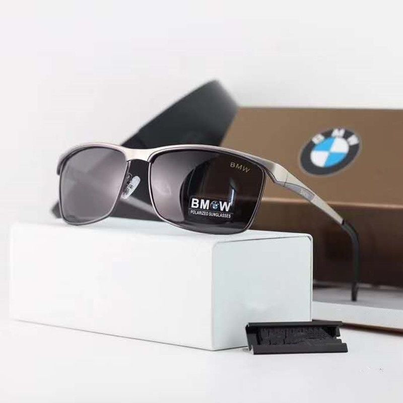 Gunmetal silver frame BMW polarized square sunglasses with box