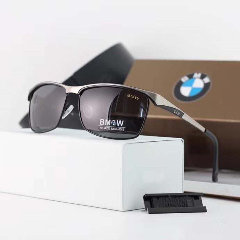 Black and silver frame BMW polarized square sunglasses with BMW box