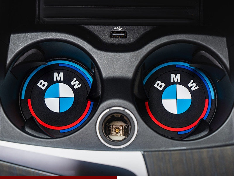 BMW cup holder coasters, 50th Anniversary Edition design, set of 2 installed
