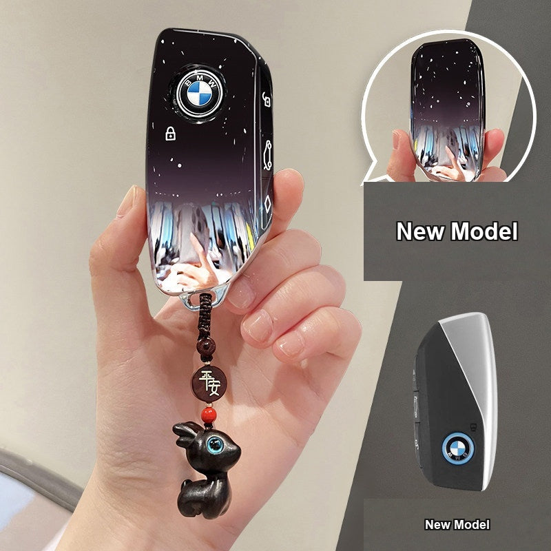 BMW key case New Model - Starry Sky Black + Ebony Wood Bead Peace Charm