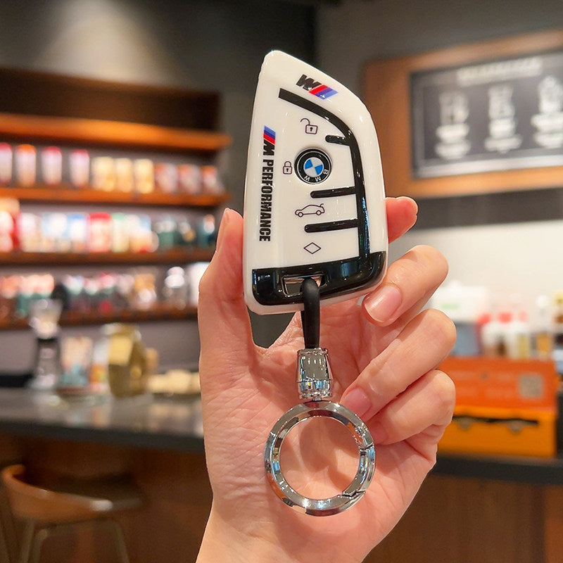 BMW M Performance white leather key case with plain metal keyring