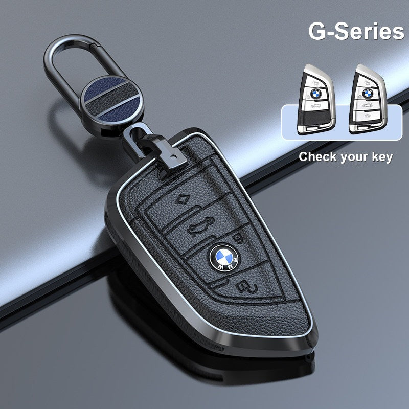BMW genuine leather key fob case cover in Premium Black for G-Series smart key with keychain - fits 3/5 Series, X1 X3 X5 X7, i5, 2 Series