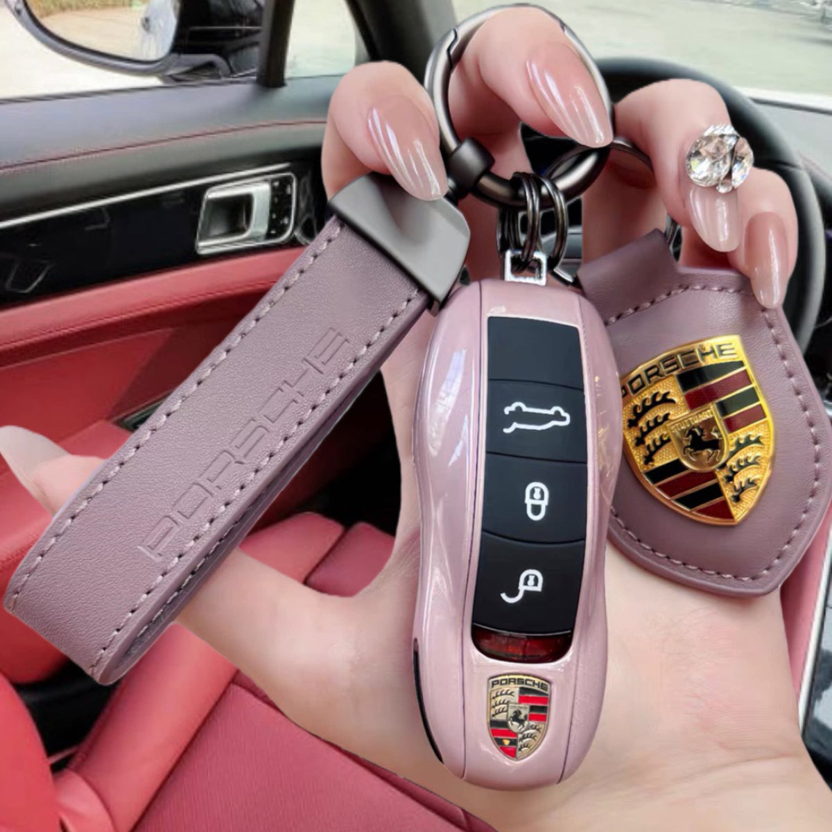 Porsche Key Case Set – Glossy Shell with Wrist Strap and Crest Keychain for Macan, Cayenne, Panamera, 911, Taycan and 718