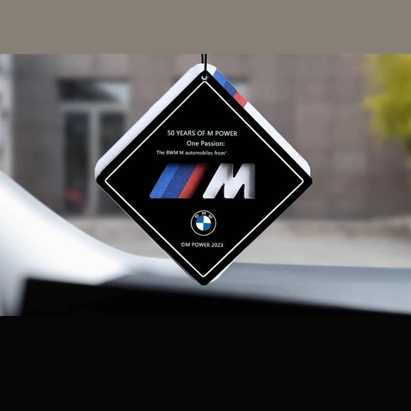 BMW M Power 50th Anniversary hanging air freshener on rearview mirror