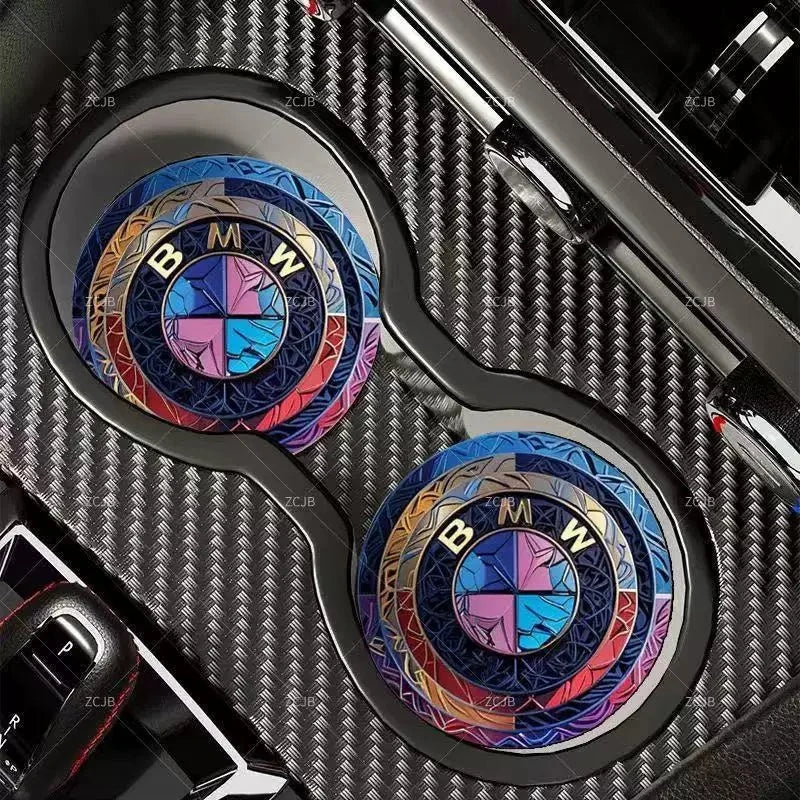 BMW car coasters in center console cup holders, top view